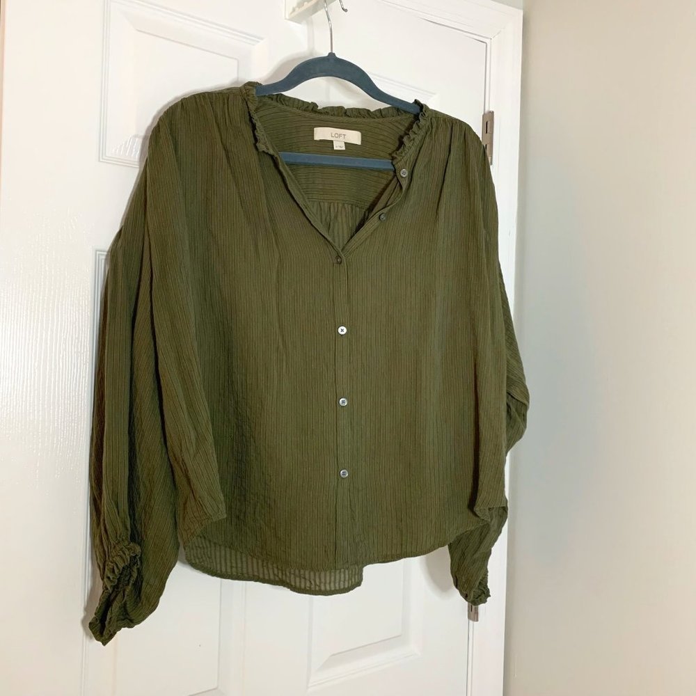 LOFT Olive Green Long Sleeve Blouse | Size M